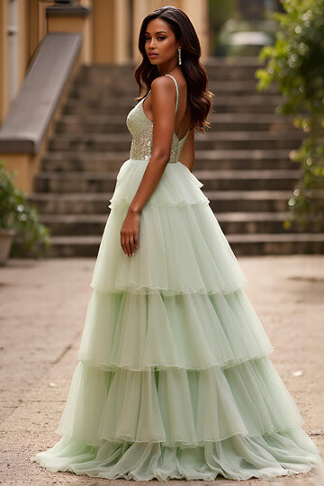 Sparkly Light Green Spaghetti Straps Tiered Long Prom Dress with Sequin